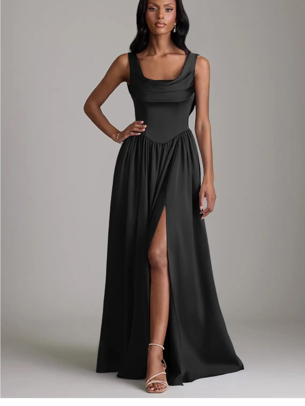 Azazie Elegant Black Satin Evening Gown with Front Slit